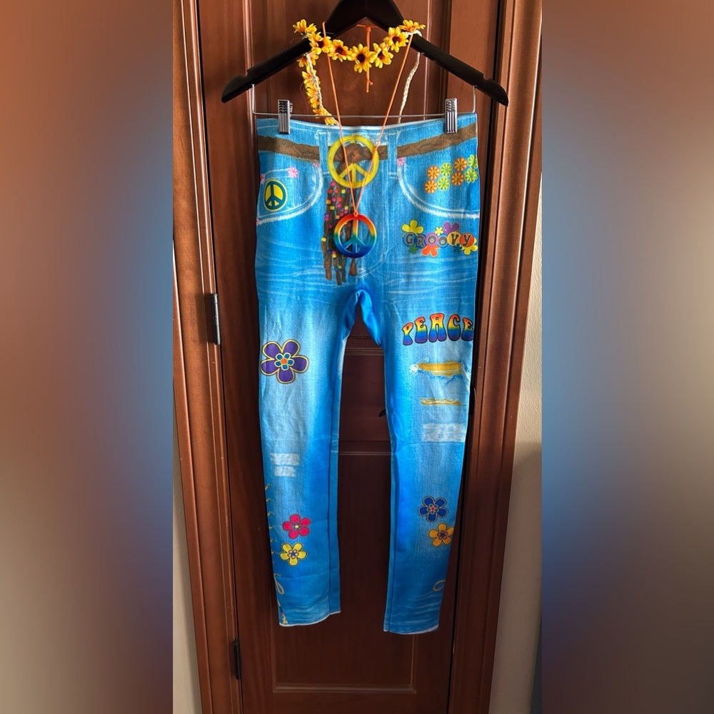 Groovy 70’s Leggings w/ Peace Sign Necklace & Daisy Headband- Size Small 👻